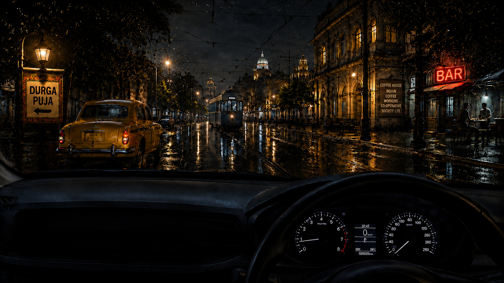 Rainy Kolkata night, seen from inside a car
